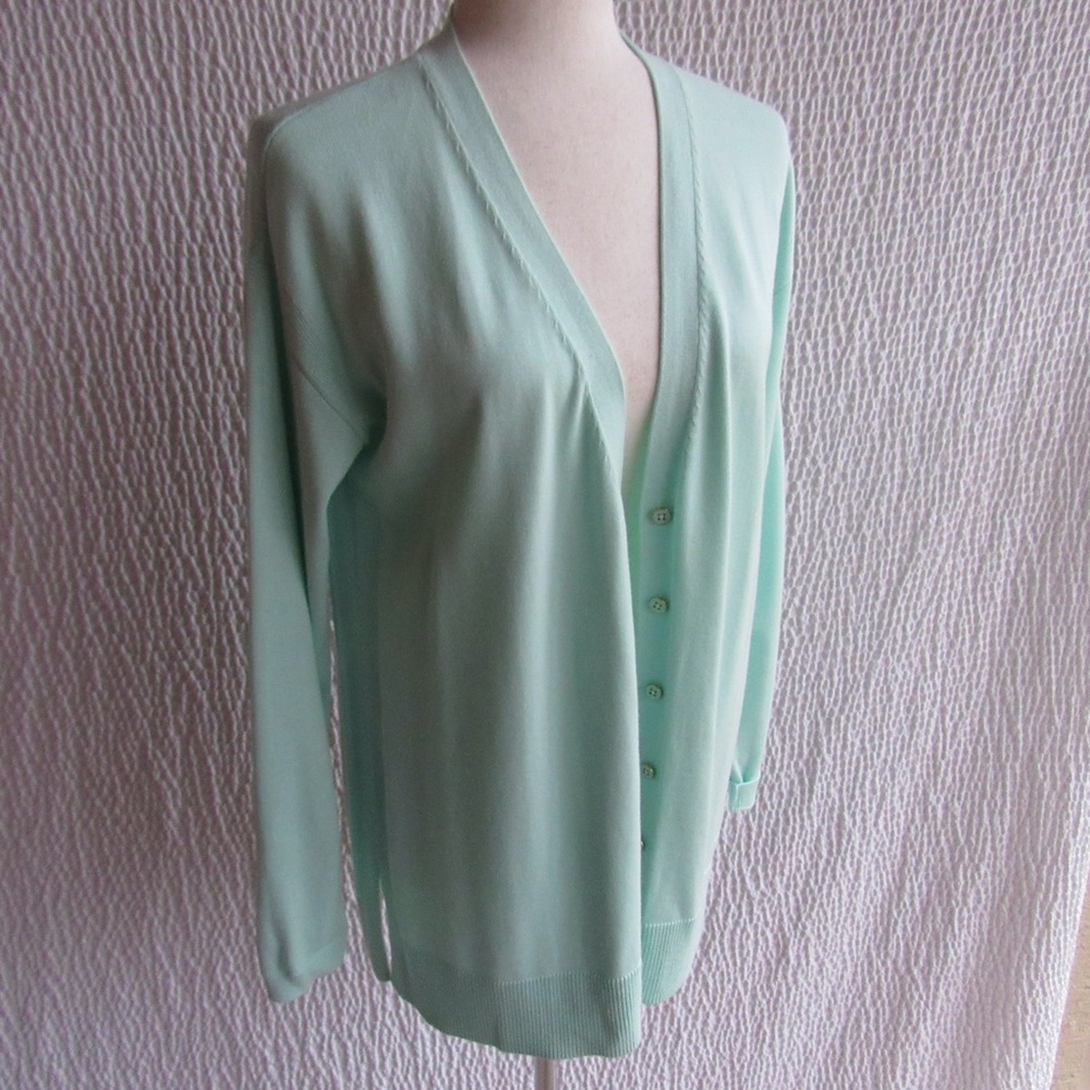 Mint Green Long Cardigan Sweater S Ribbed Trim Cotton Blend New Talbots